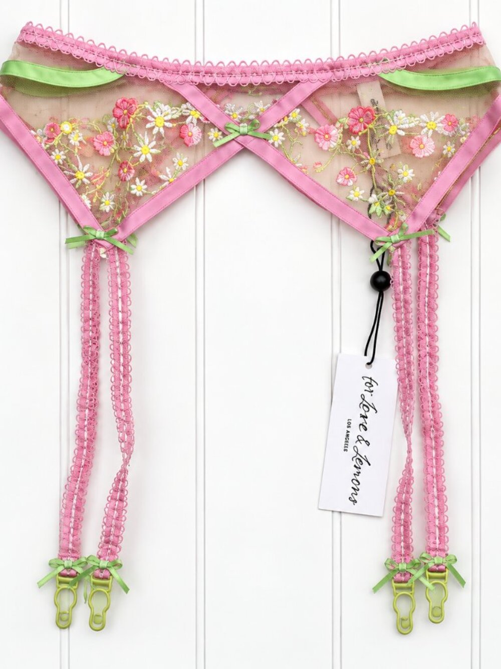 For Love & Lemons Tutti Frutti Shimmer Garter Belt S Pink Floral Embroidered NWT